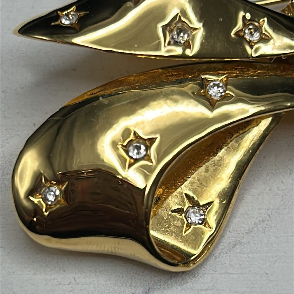 Joan Rivers Bow Ribbon Brooch Pin Gold tone Star Rhinestones #533 - Picture 3 of 8